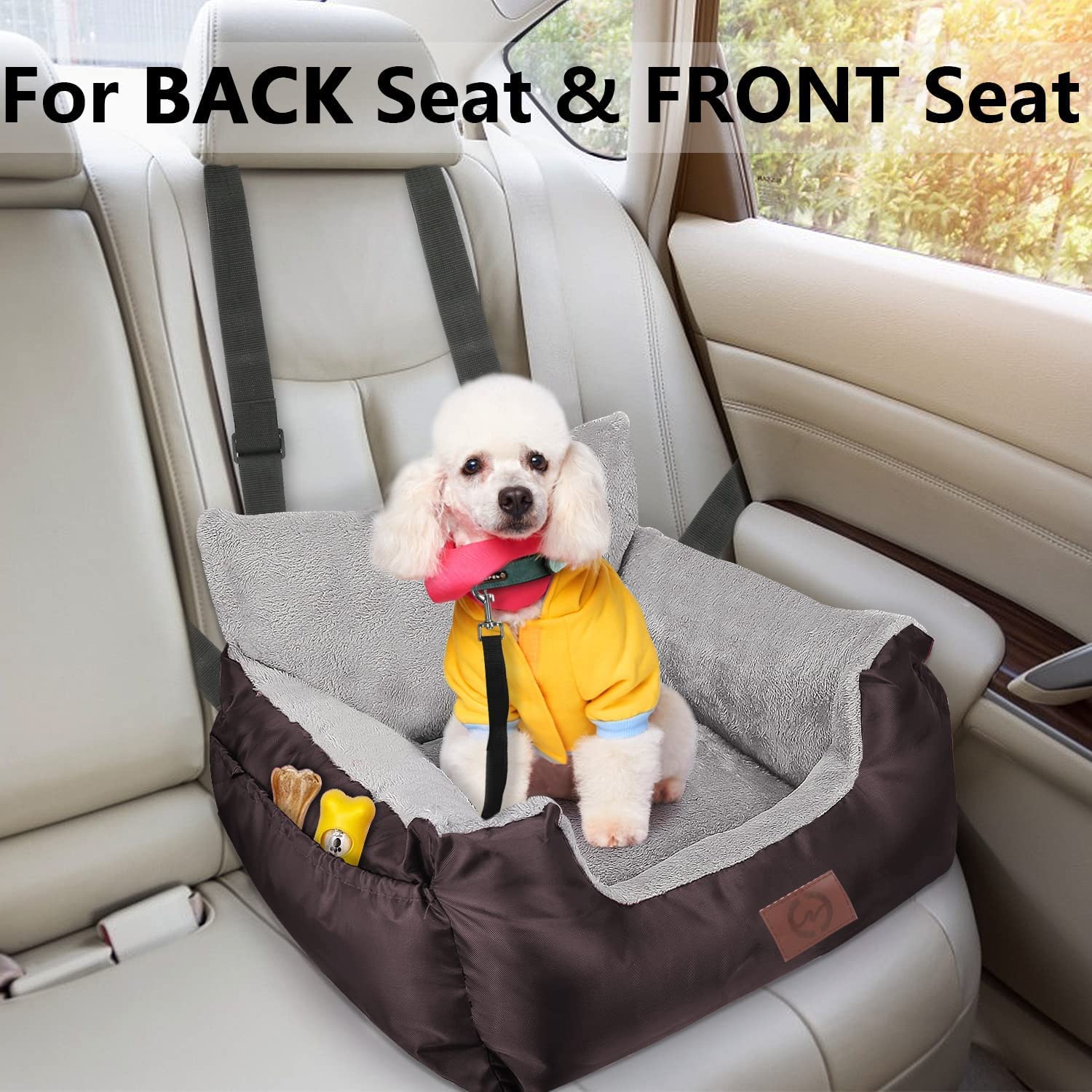 GoFirst Dog Car Seat for Small Dogs or Cats, Pet Booster Seat Travel Car Bed with Storage Pocket and Clip-On Safety Leash, Waterproof Warm Plush Dog Car Safety Seats,Black