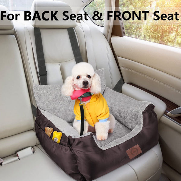 GoFirst Dog Car Seat for Small Dogs or Cats, Pet Booster Seat Travel Car Bed with Storage Pocket and Clip-On Safety Leash, Waterproof Warm Plush Dog Car Safety Seats,Black