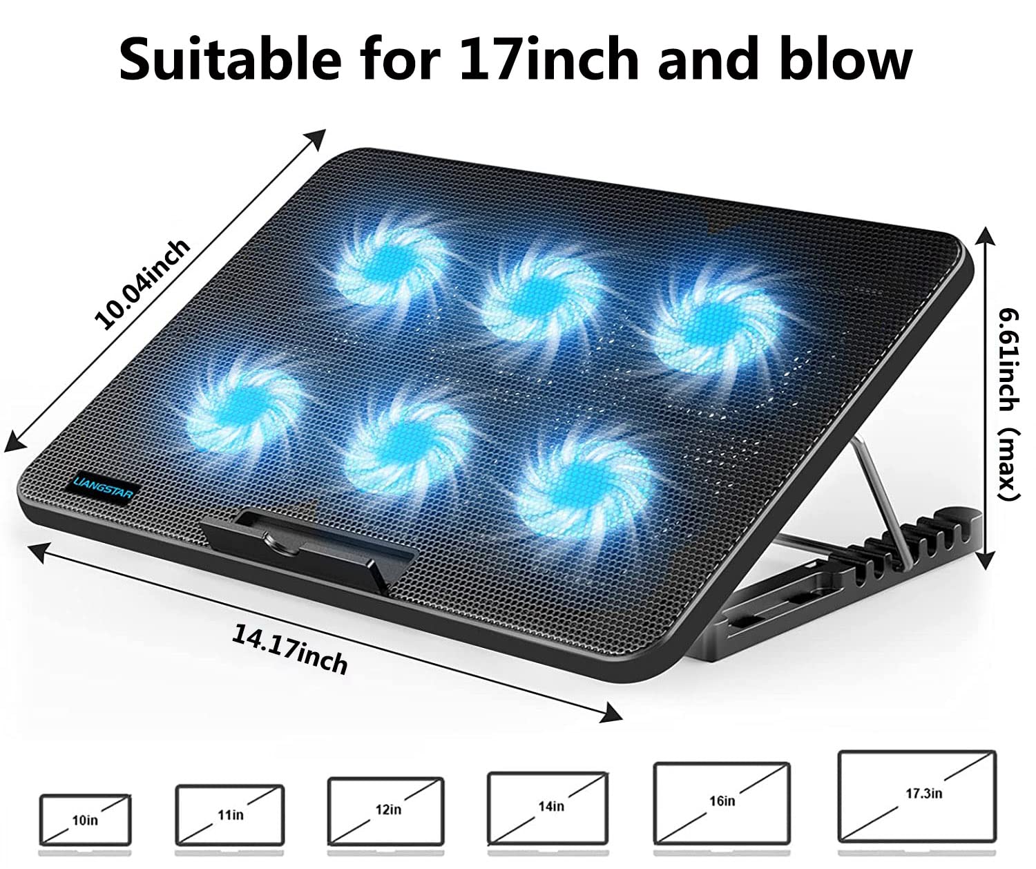 LIANGSTAR Laptop Cooling Pad, Laptop Cooler with 6 Quiet Fans at 2100RPM, Laptop Stand with Phone Holder, 7 Heights Adjustable & USB Powered, suitable for 12-17 Inch, Blue