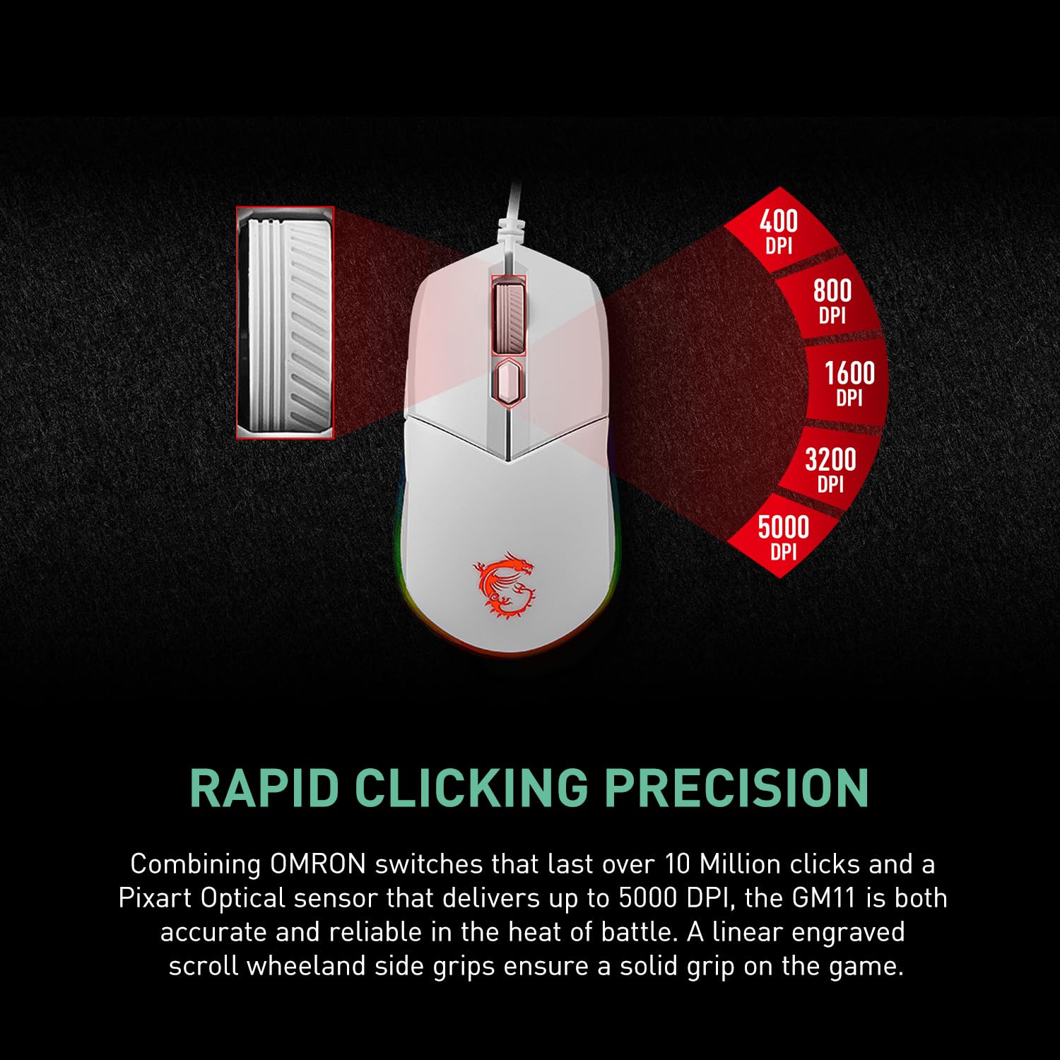 MSI CLUTCH GM51 LIGHTWEIGHT Gaming Mouse - 26000 DPI Optical Sensor, Elite 0.125ms Latency, 60M+ Click OMRON Switches, 6-Buttons, FriXionFree Cable, RGB Diamond LightGrips, 75g - Wired