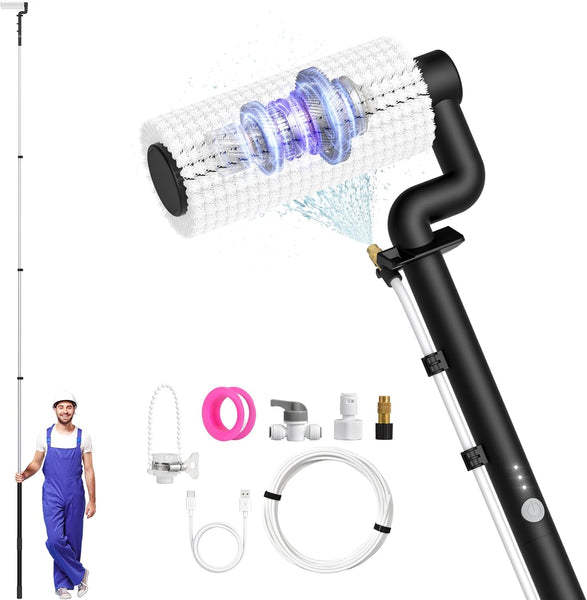 Solar Panel Cleaning Brush and Pole, 6M Electric Cleaning Roller Brush with Telescopic Water Fed Pole, 100Mins Runtime, 2 Spin Speeds, Outdoor Window Cleaning System for Solar Panel, Window, PV Panel