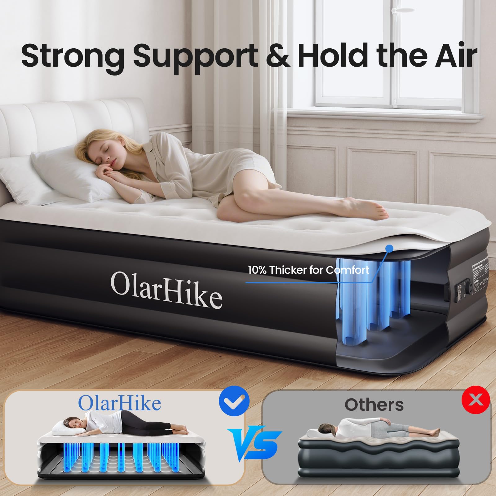 OlarHike Inflatable Mattress, Air Bed Double with Built-in Electric Pump, King Size Blow Up Self Inflating Guest Airbed with Flocked Surface for Camping or Home Use, 190cm L x 140cm W x 46cm H(Black)
