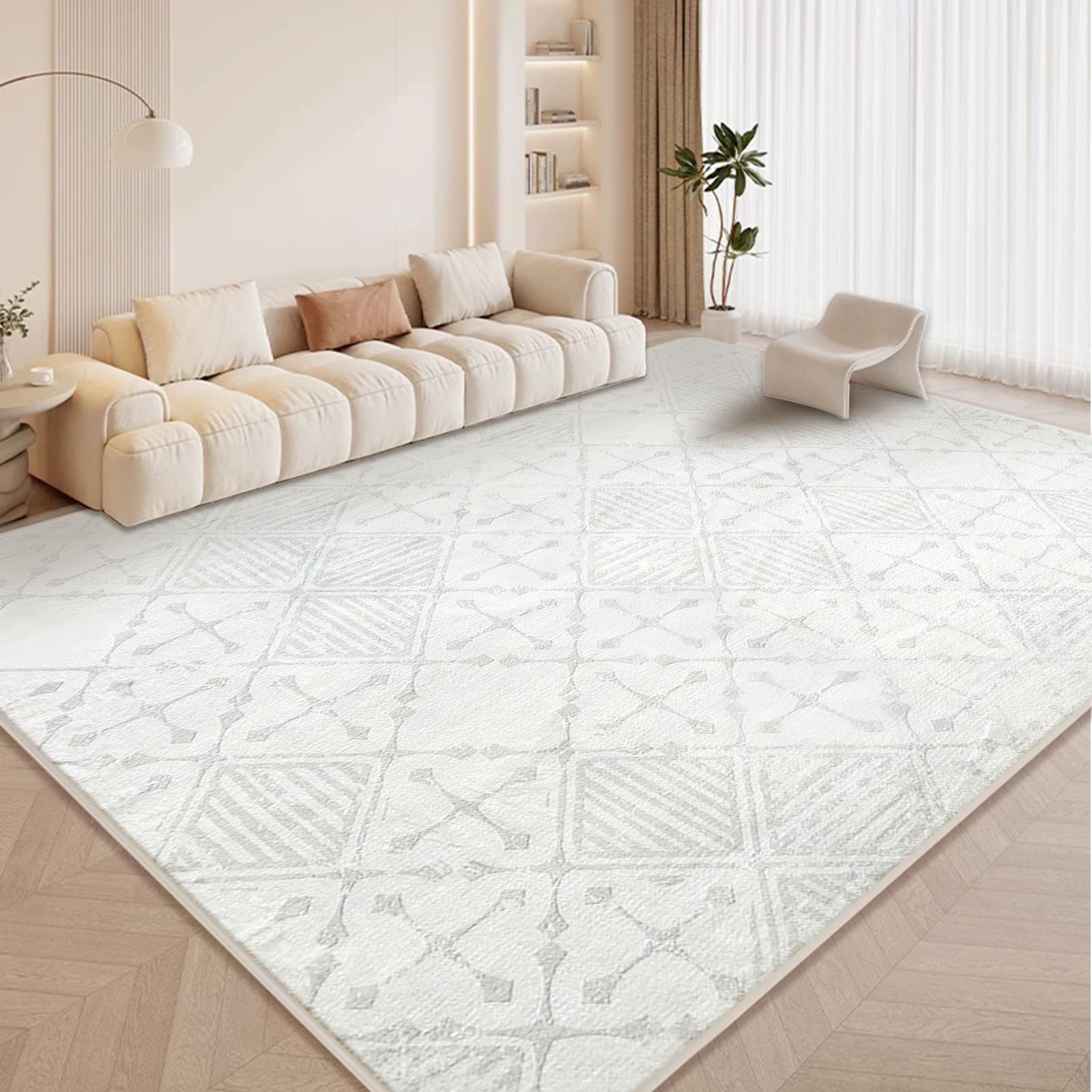 Leesentec Rugs Living Room Extra Large Rug 200x300cm Cream Grey White Abstract Modern Geometrical Short Pile Rugs Easy Care Soft Non-slip Carpet