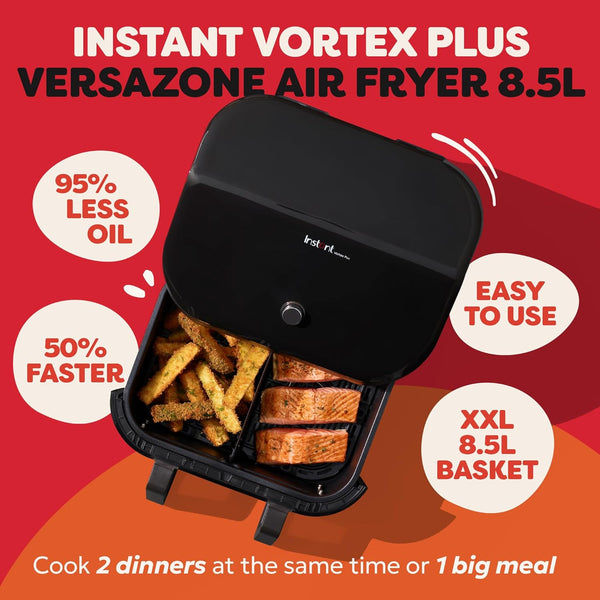 Instant Pot - Versazone Dual Black Air Fryer - Large 8.5L, Family Size - Single Double Basket with Divider - 8 in 1 - Food Dehydrate, Grill, Bake, Roast, Reheat, Non-Stick, Easy Clean, Dishwasher Safe