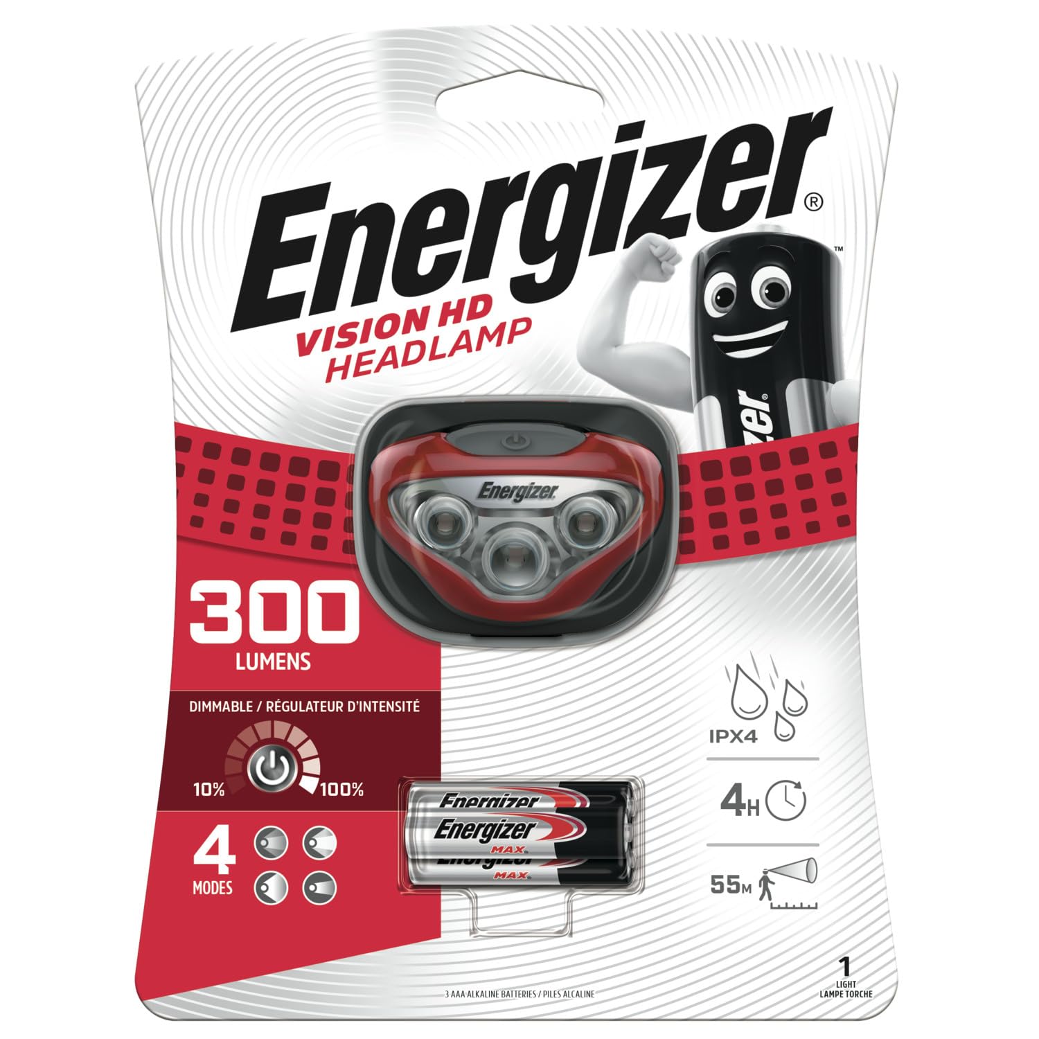 Energizer Vision HD+ Head Torch, Bright Headlamp, Water Resistant, Hands-Free, Lightweight for Indoor and Outdoor Activities, Batteries Included