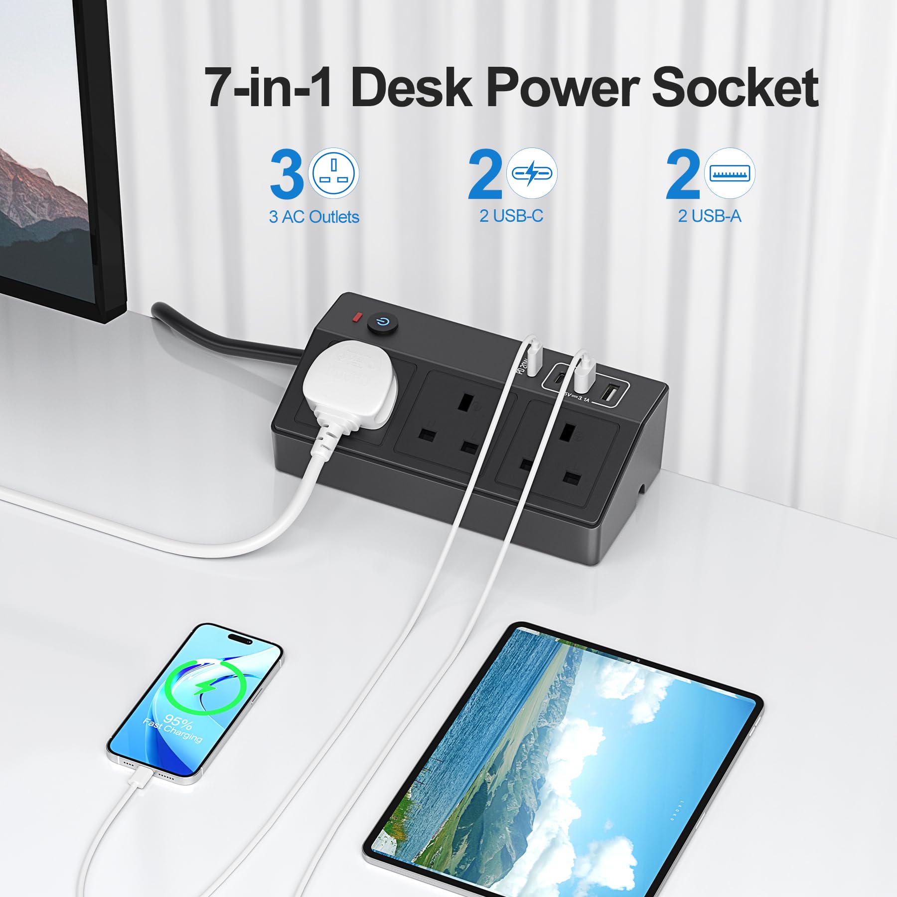Desk Power Socket with USB C Slots, HAFINO PD 20W Fast Charging Power Station, 2M Extension Lead with USB Slots with Removable Clamp, Desktop Power Strip for Home Office