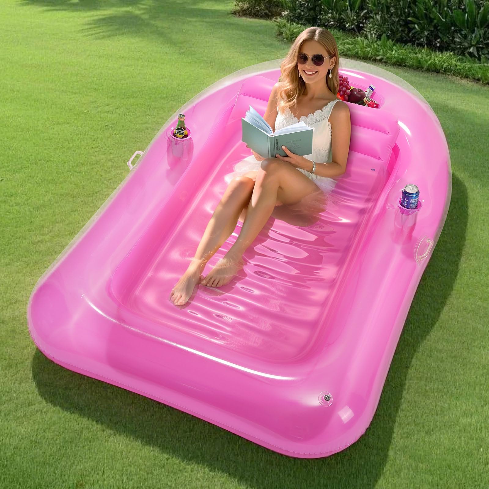 MoKo Pool Floats Adult, Floating Bed with Ice Bar, Tanning Bed Pool Raft Inflatable Lounger with Drink Holder Tanning Chair Inflatable Pool Toys for Party Beach Backyard