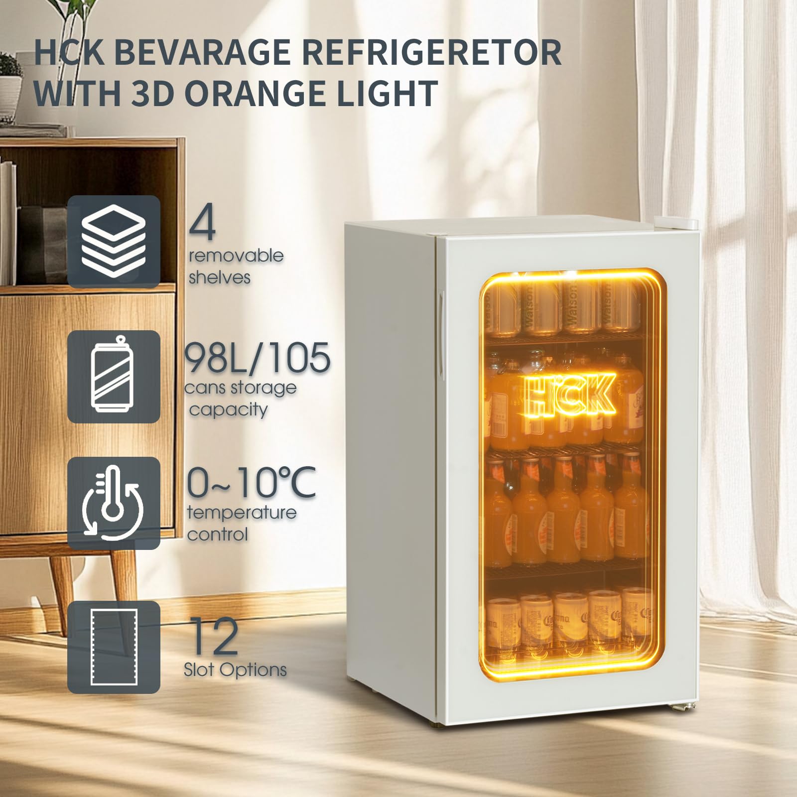 HCK 48L Mini Fridge with Glass Door, 0-15°C Cooling Zone and 2 Shelves, Compact Beverage Refrigerator Cooler for Bar and Living Room
