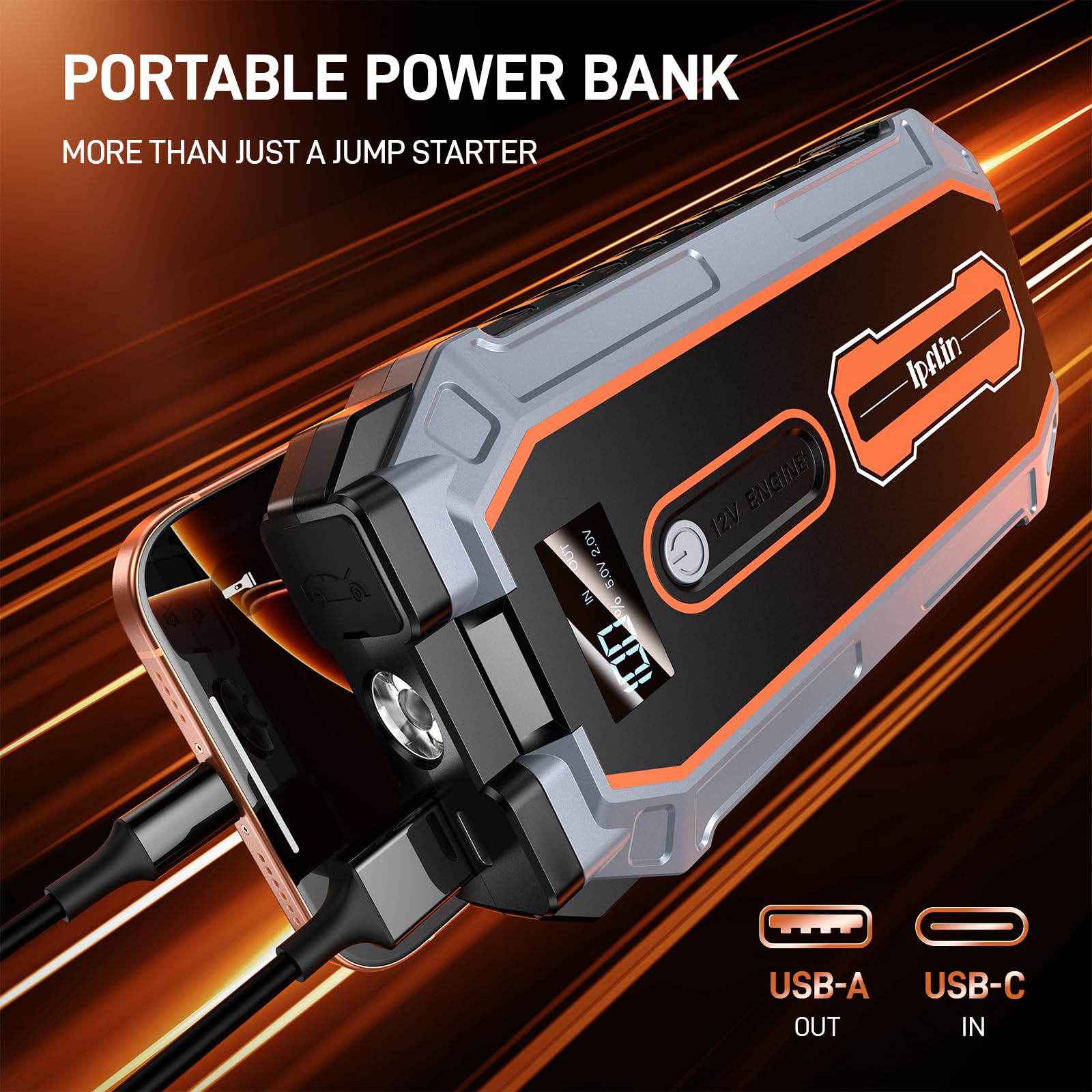 Ipflin Jump Starter Power Pack - 3000A Peak 18000mAh Portable Car Battery Booster Jump Starter for Up to 6.5L Gas & 3.5L Diesel Engines,USB-C Ports, LCD Display