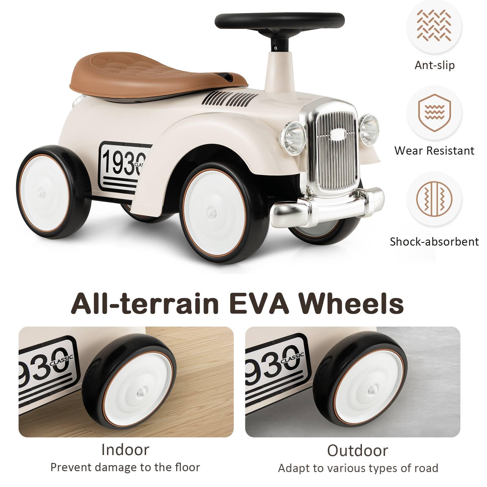 Kids Ride on Car, Toddler Foot to Floor Sliding Car with Air Horn, Hidden Storage Compartment, DIY Stickers, EVA Wheels, Children Sliding Walker Toy Car for 18-36 Months Boys Girls (White)