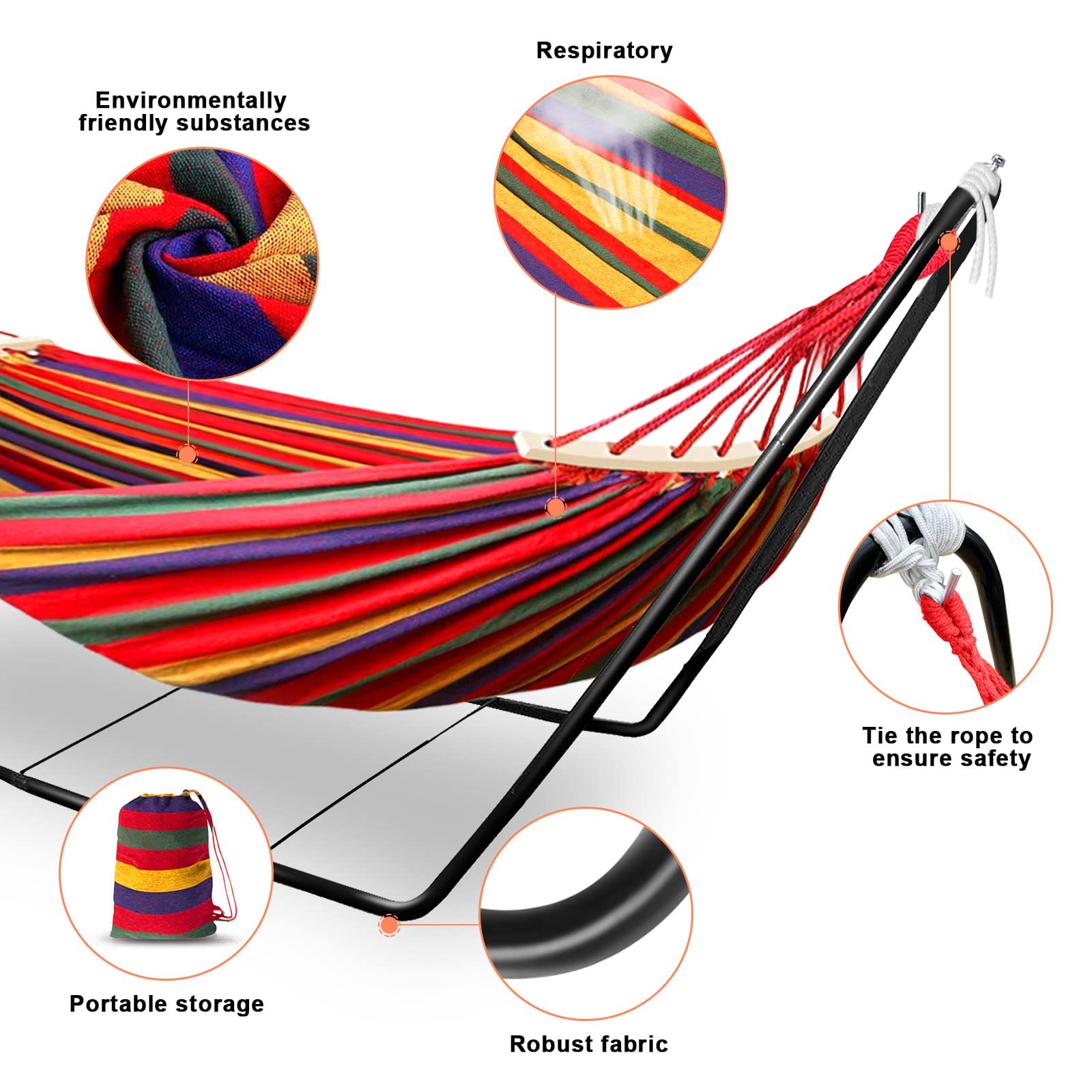 Hammock with Stand, Double Cotton Hammock with Spreader Bars, Space-Saving and Adjustable Steel Stand Perfect for Garden Camping Travel Backyard,