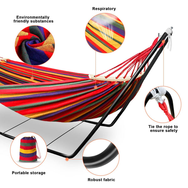 Hammock with Stand, Double Cotton Hammock with Spreader Bars, Space-Saving and Adjustable Steel Stand Perfect for Garden Camping Travel Backyard,