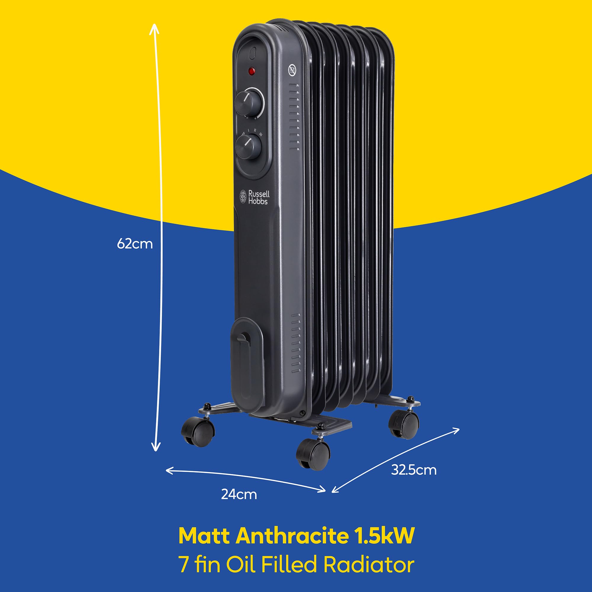 Russell Hobbs 1500W/1.5KW Oil Filled Radiator, 7 Fin Portable Electric Heater - Anthracite, Adjustable Thermostat, 3 Heat Settings, Overheat Protection, 15m sq Room Size, 2 Year Guarantee RHOFR7004A