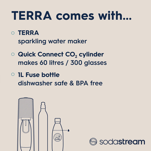 SodaStream - Terra Sparkling Water Maker, Quick Connect CO2 System, Includes 60L Gas Cylinder, BPA-Free 1L Bottle, Eco-Friendly & Reduces Plastic Waste, Black