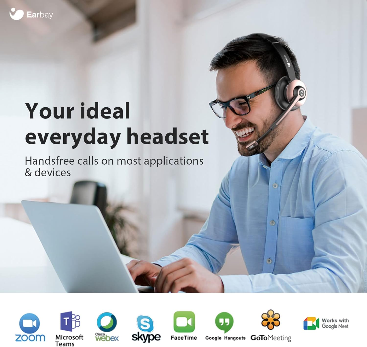 Earbay Wireless Headset, Bluetooth Headphones with Microphone Noise Canceling & USB Dongle, Office Headset with Charge Dock for Mobile Phone Computer Tablet Work Skype Zoom Conference Call Center