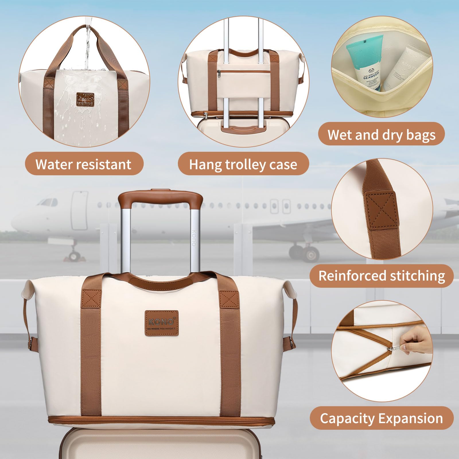 Kono Travel Luggage Sets of 6 Piece Lightweight ABS Hard Shell Trolley Case with TSA Combination Lock 20" 24" 28" Suitcase + 12" Beauty Case + Duffel Bag & Toiletry Bag (Cream White)