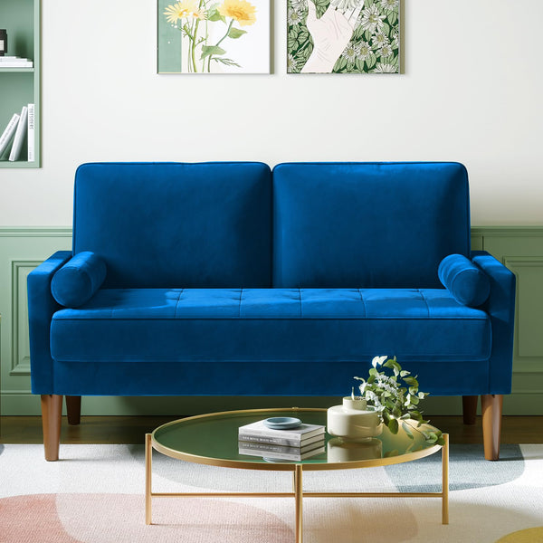 Vesgantti Small 2 Seater Sofa Blue, Comfy Sofa Couch with Spring Cushion, Velvet Sofa with Wood Legs, Modern Love Seat Sofa, Sofa 2 Seater for Living Room, Small Sofa for Bedroom, Blue Office Sofa
