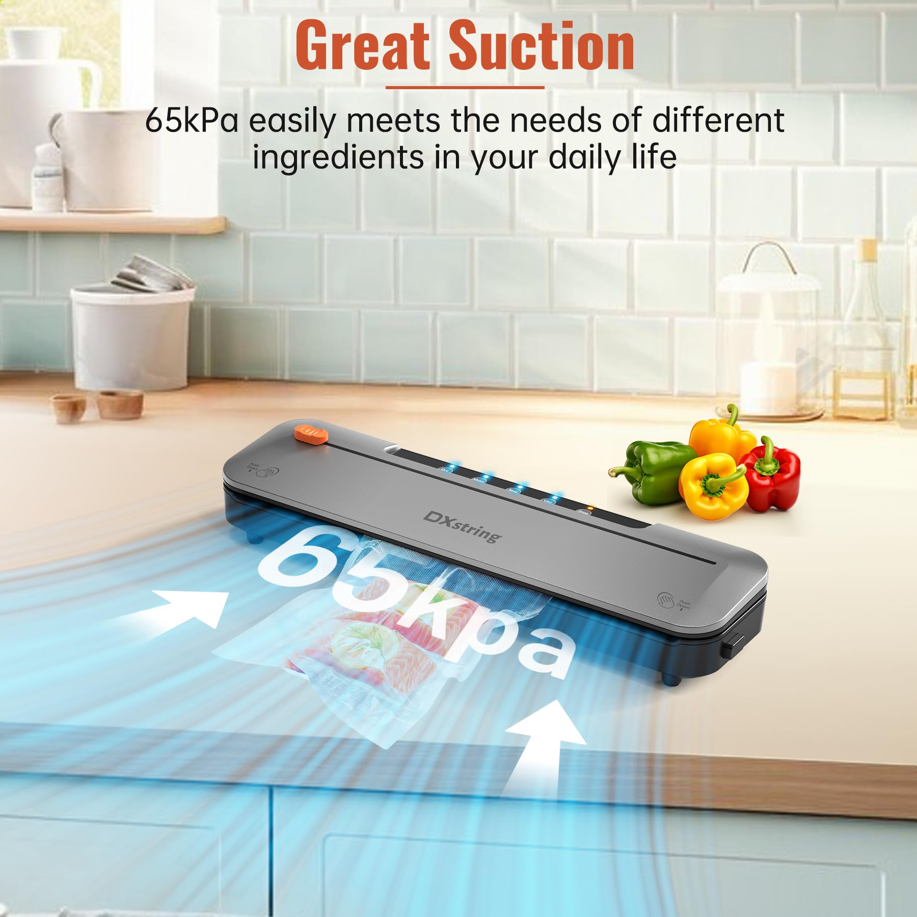 DXstring Vacuum Sealer Machine, Vacuum Sealer for Dry and Moist Food Preservation, Food Vacuum Sealer Machine with 15 Vacuum Sealer Bags and Built-in
