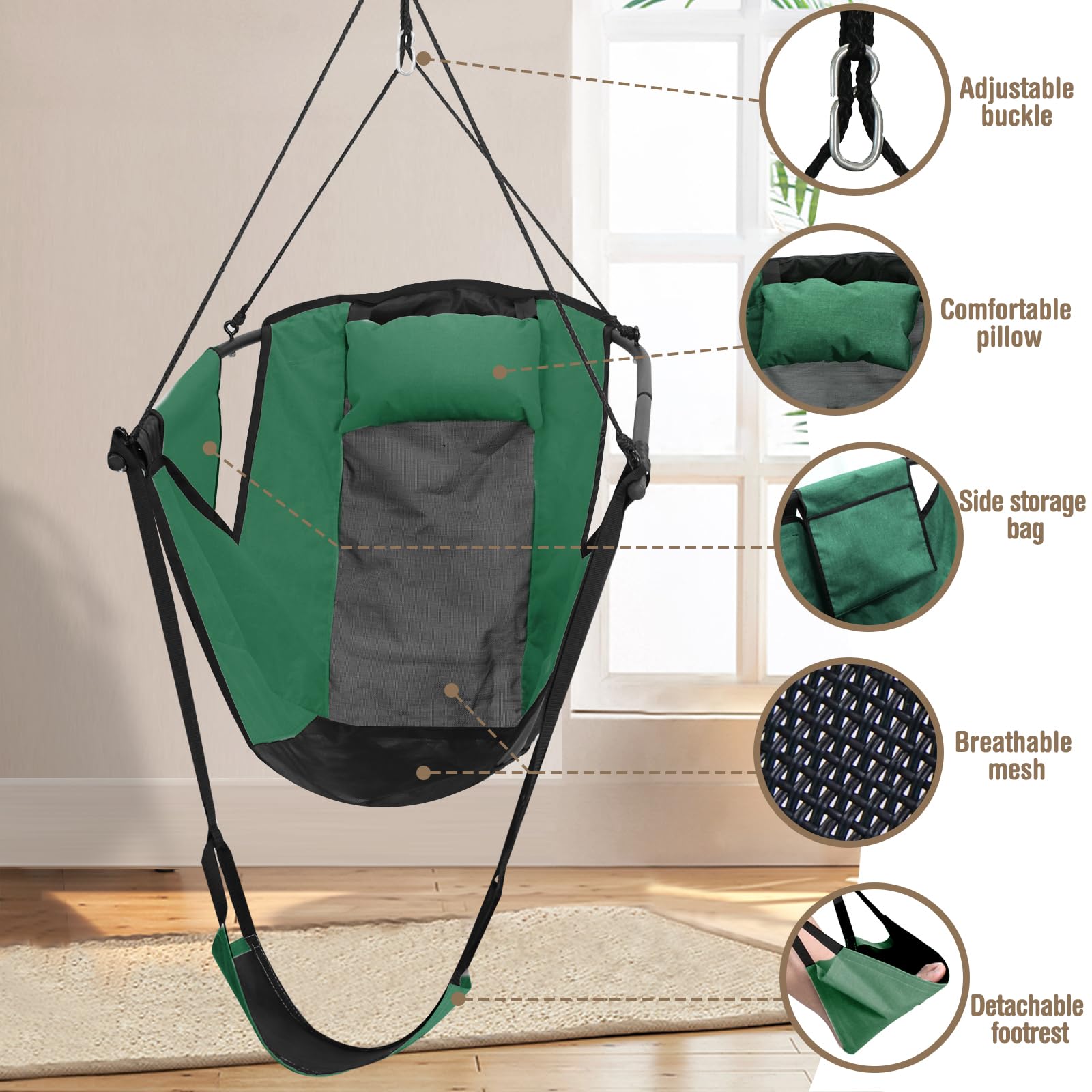 Chihee Hanging Chair with Footrest,U-Shaped Metal Frame Hammock Chair,Robust Oxford Fabric Teslin Swing Chair with Side Pocket Pillow Carabiner Strong