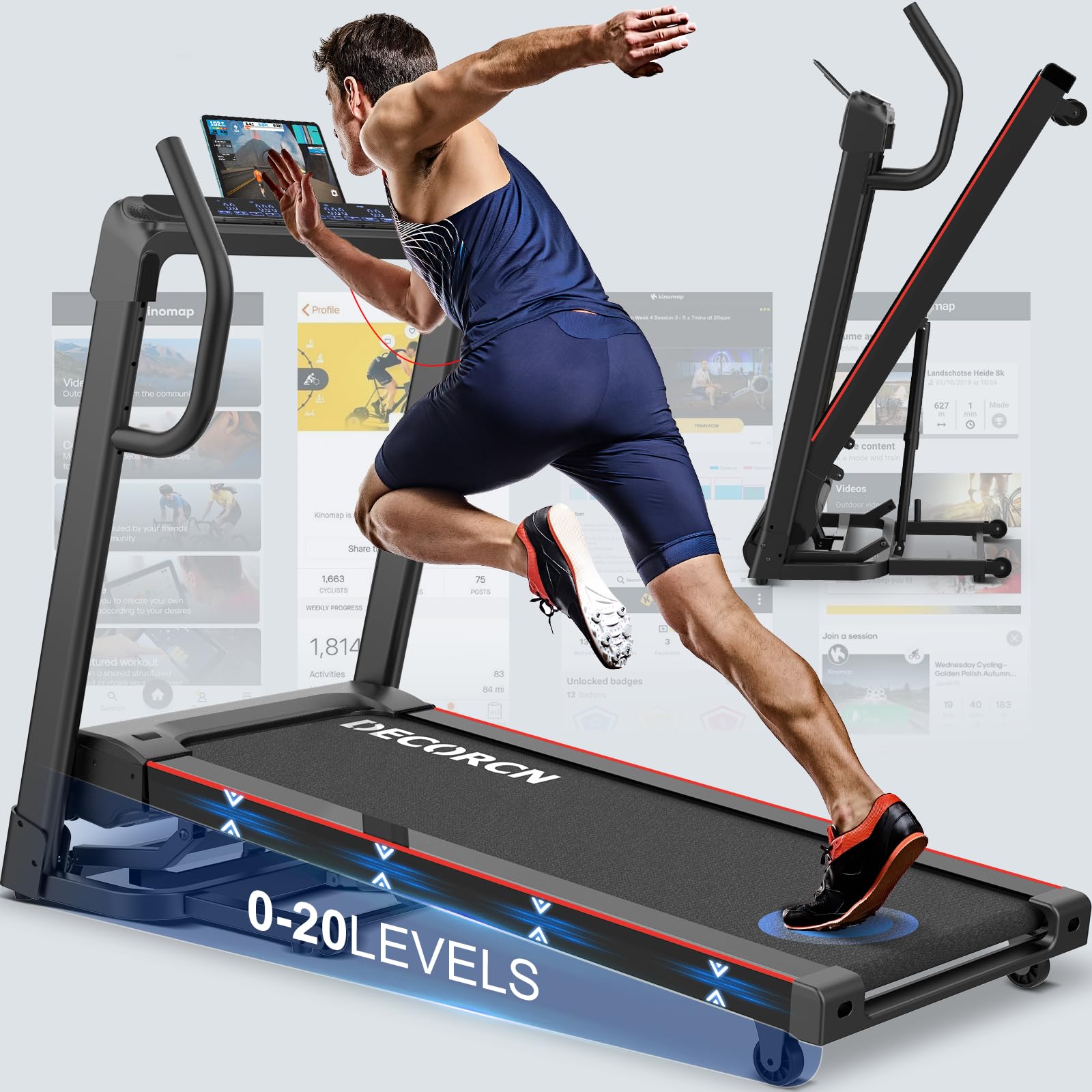 Decorcn Folding Treadmill for Home, 4.5HP, 20 Auto Incline, 1km/h-16km/h, 150KG limited, Running Machine for Heavy People with LED, Bluetooth Speakers, Silent Walking Pad