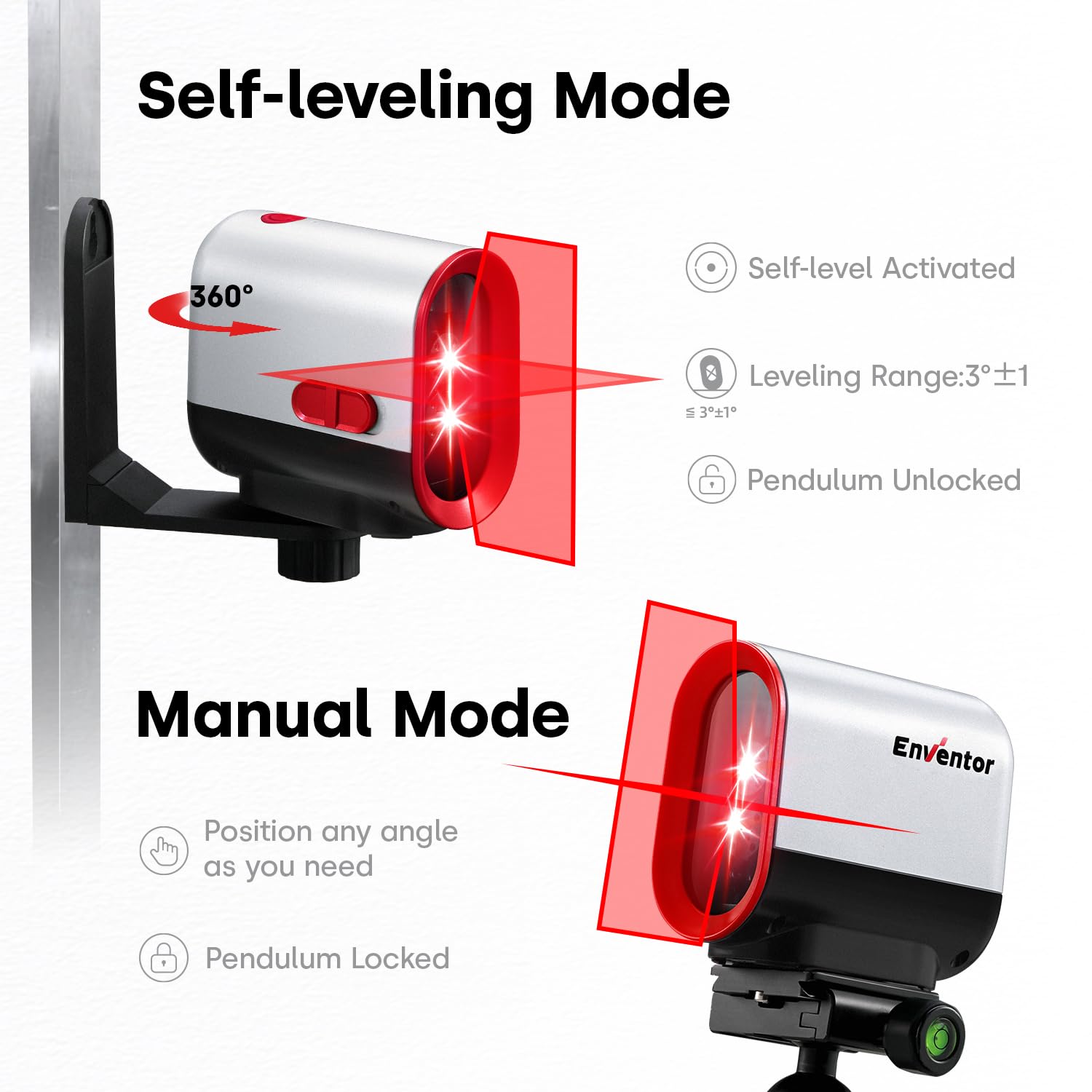 Enventor Rechargeable Laser Level, 25M 2200mAh Li-ion Battery Green Laser Level Self Leveling with Pulse Mode, 7 Hours Working Time, 360° Magnetic Base, Switchable Horizontal/Vertical/Cross line