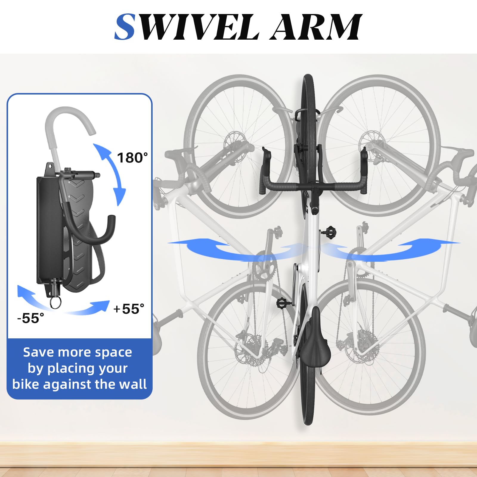 WELDUN Bike Wall Mount, Bike Hanger Rack, Swivelling Bike Holder, Vertical Bicycle Storage Rack for Garage and Indoor Use, Load Capacity 30kg