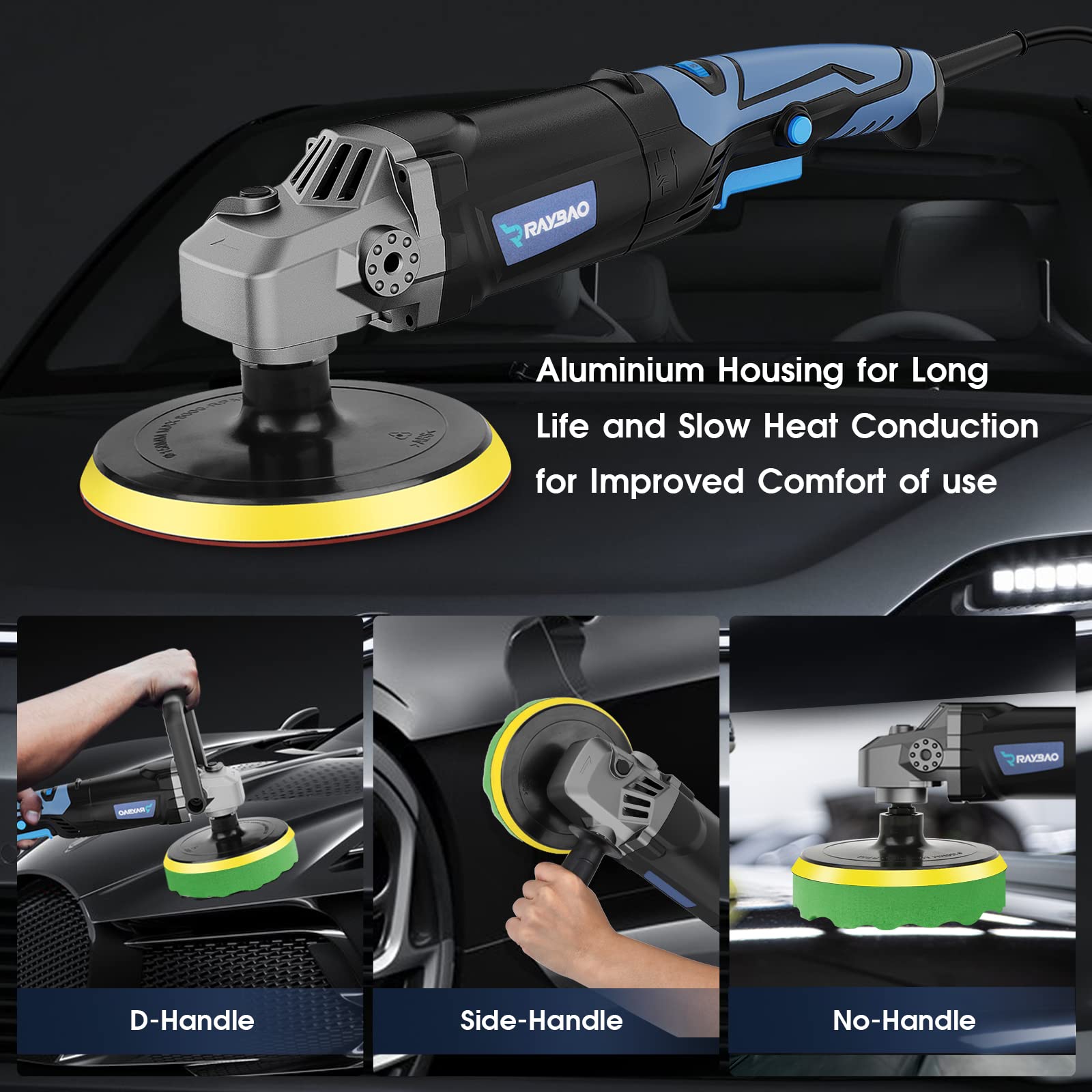 RAYBAO Car Polisher, 1200W Car Polishers and Buffers, Variable Speed 1600-3500RPM, Car Buffer Polisher Machine with Detachable Handle, 180mm/150mm Disc for Polishing/Waxing