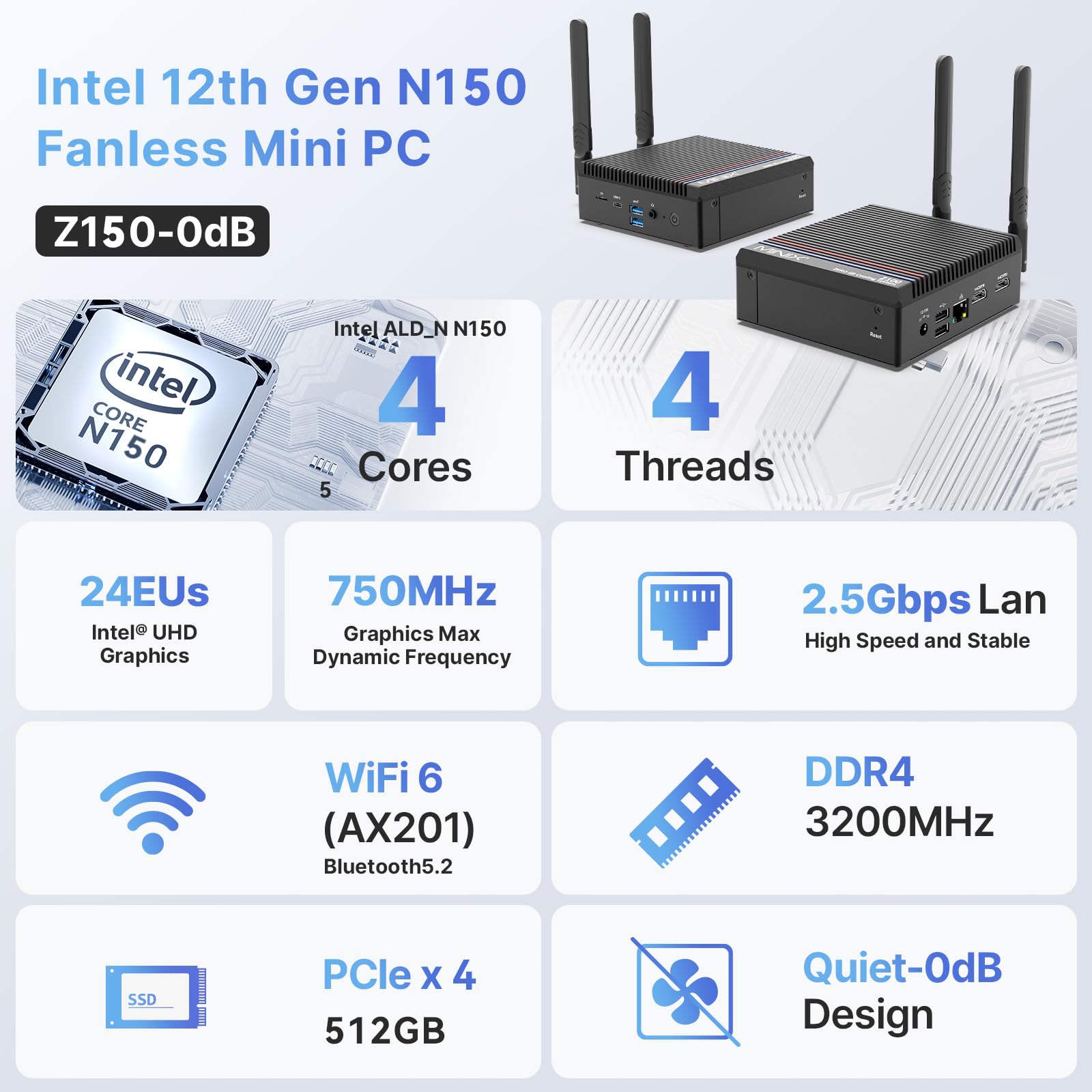 MINIX Fanless Windows 11 Pro Mini PC, Intel 12th Gen N300, NEO Z300-0dB 16GB DDR4, 512GB M.2 PCIe Gen3 x 4 SSD Micro Desktop Computer, 4K Dual Display/2.5G LAN, for Business Home office Multi-Tasking
