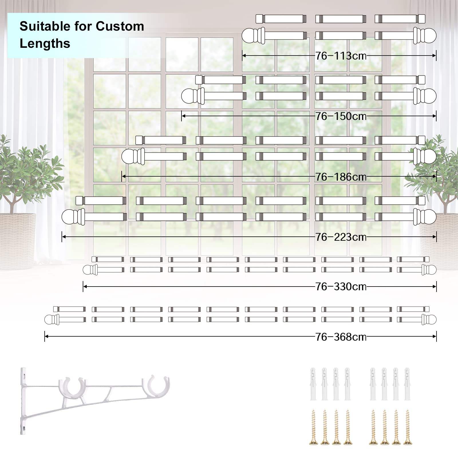 INFLATION Double Curtain Poles for Windows 76-233 cm, 2.5 cm Heavy Duty Double Window Poles - Adjustable Decorative White Curtain Rod for Sliding