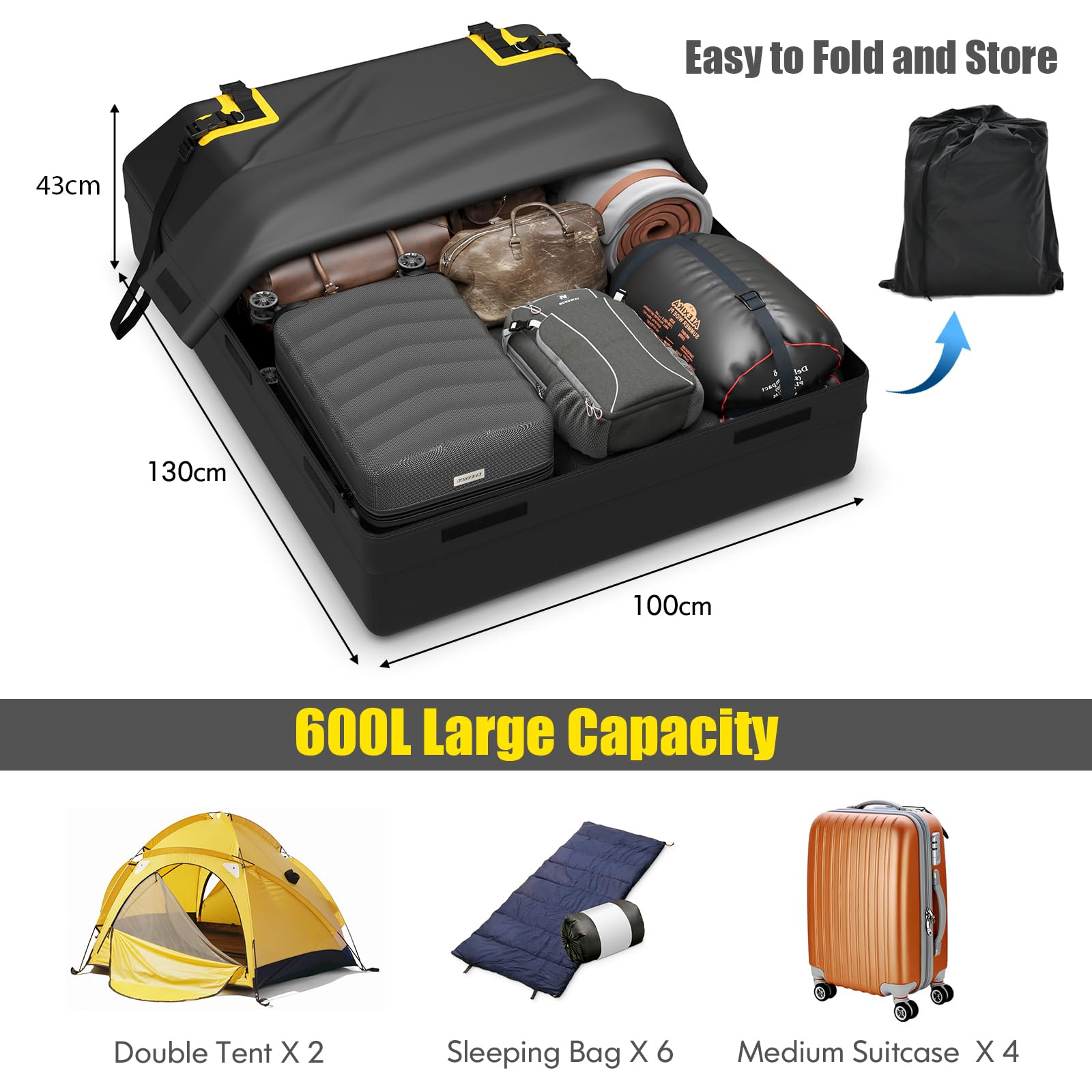 COSTWAY 15/21 Cubic Feet Car Roof Bag, 100% Waterproof Roofing Cargo Carrier with Anti-Slip Mat, Combination Lock & Straps, Rooftop Luggage Storage Box (Black, 21 Cubic Ft/600L)