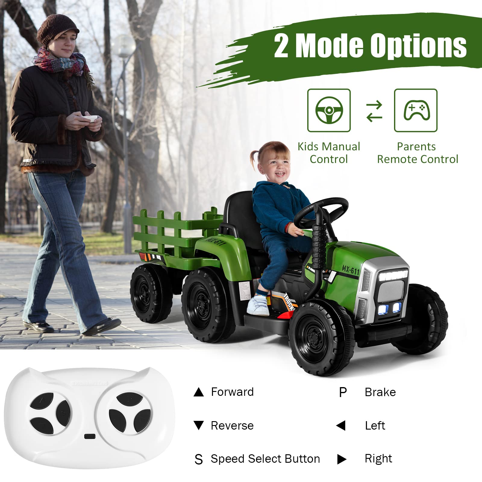 COSTWAY Ride on Tractor and Trailer, 12V Battery Powered Electric Kids Toy Car with Remote Control, LED Lights, USB & Bluetooth Music, Four Wheels Ride on Toys for Children Ages 3+(Dark Green)