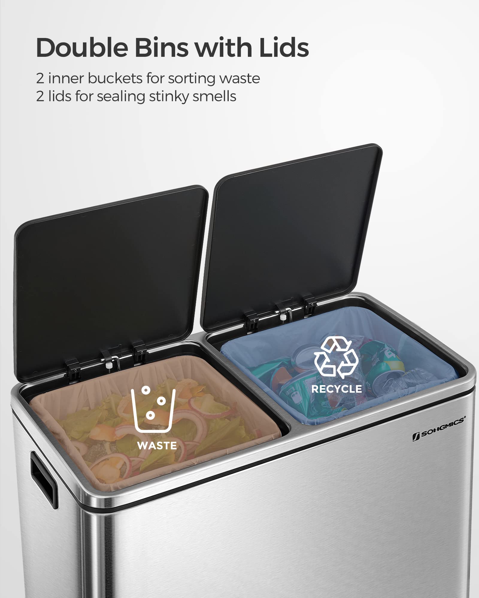 SONGMICS Dual Rubbish Bin, 2 x 30 L Recycling Bin with 15 Rubbish Bags, 2-Compartment Metal Pedal Bin with Lids and Plastic Inner Buckets, Soft Closure, Slate Grey LTB060G01