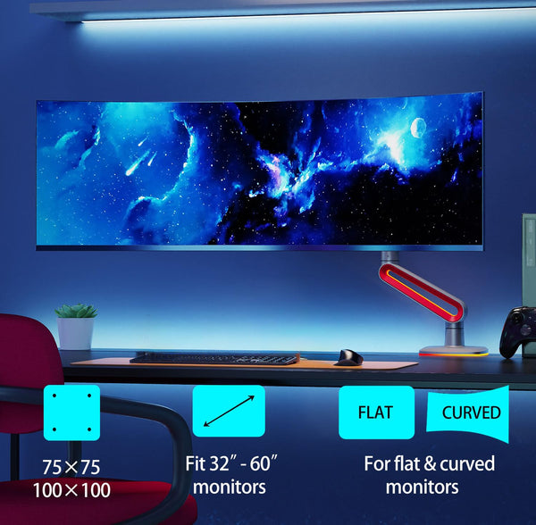 NB Ergonomic Monitor Stand for Screen 32 to 60 inch, RGB Ultrawide Curved Monitor Arm 49 57 inch - Load up to 20 kg, VESA 75 & 100 mm (Black)