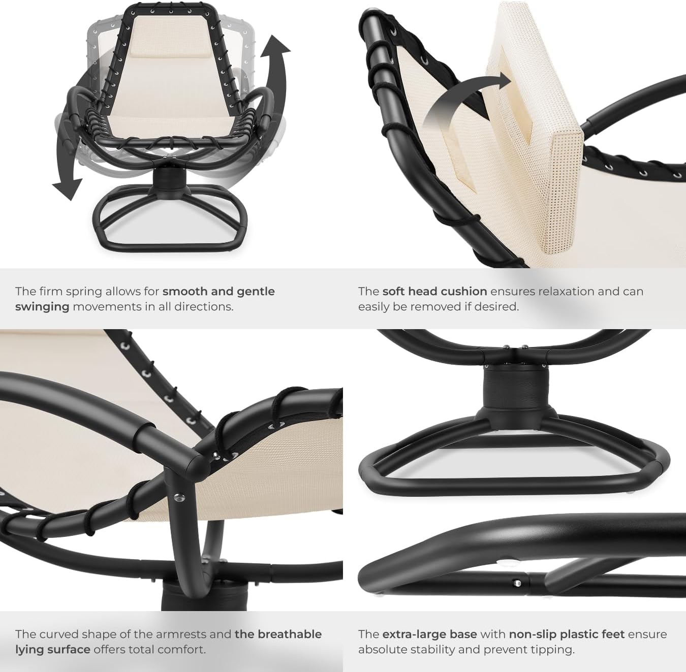 TecTake® Sun Lounger with Rocking Function, Ergonomic Garden Chair with Breathable Fabric, Thick Head Cushion, Curved Armrests & Sturdy Steel Frame, Outdoor Chair for Garden, Patio, Balcony - Grey