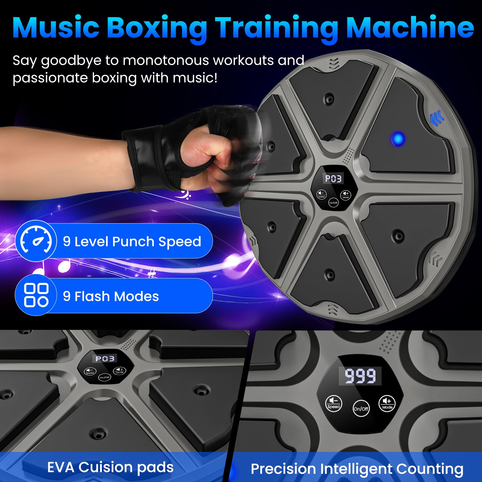 prettop Music Boxing Machine, Smart Bluetooth Boxing Machine with Gloves, Wall Mounted Punching Machine with 9 Level Speed & Mode Adjustment with LED Light for Kids or Adult to Exercise
