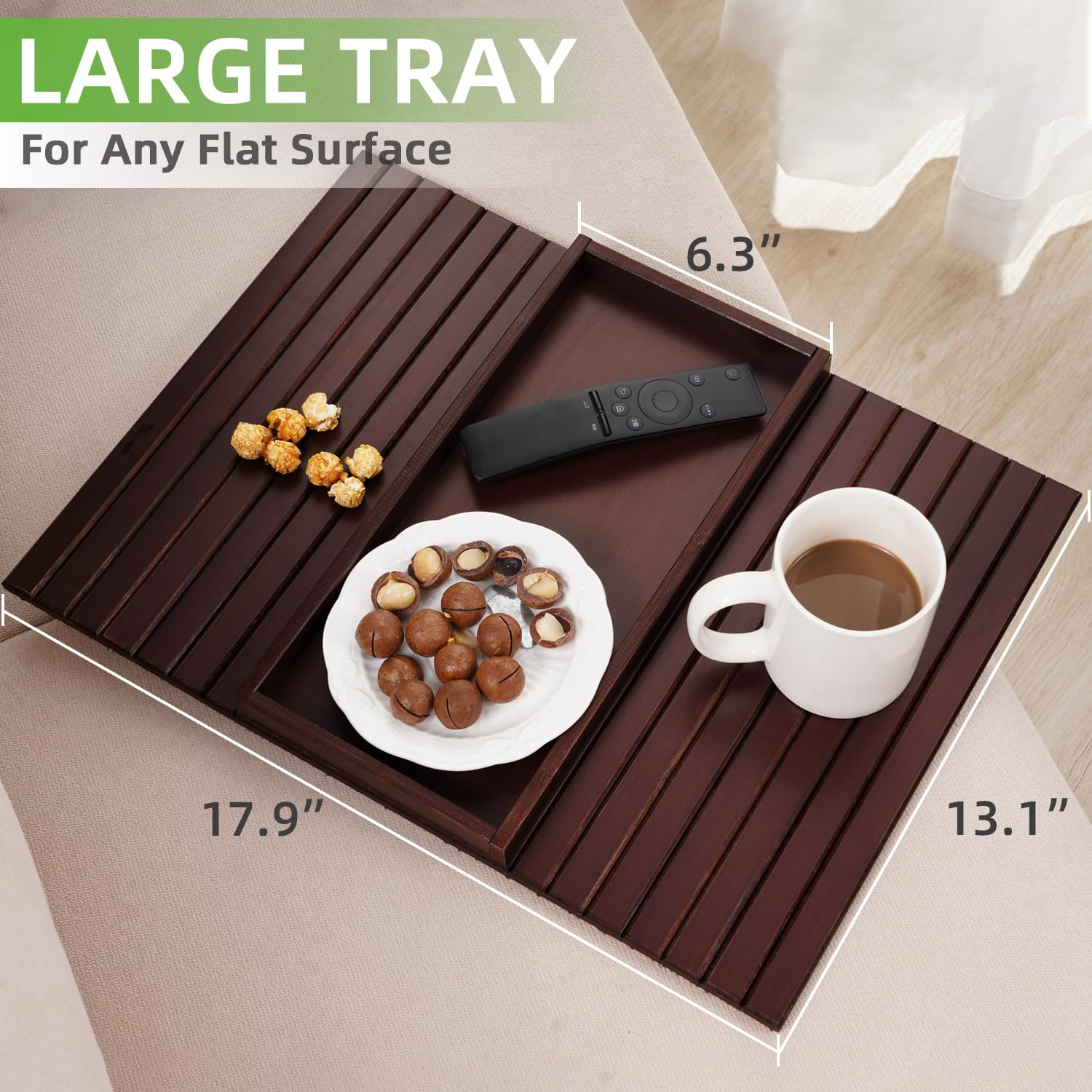GEHE Natural Bamboo Sofa Arm Tray Table for Couch, Armrest Anti-Slip Cup Holder for Snacks, Phone, Control, Cups - Flexible, Foldable, Mahogany