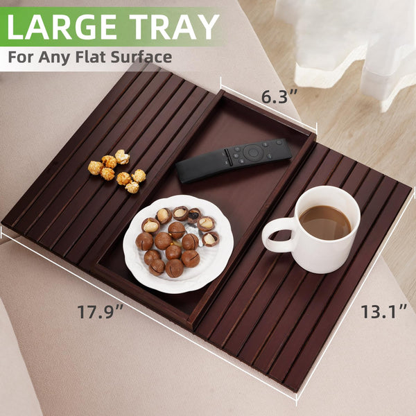 GEHE Natural Bamboo Sofa Arm Tray Table for Couch, Armrest Anti-Slip Cup Holder for Snacks, Phone, Control, Cups - Flexible, Foldable, Mahogany