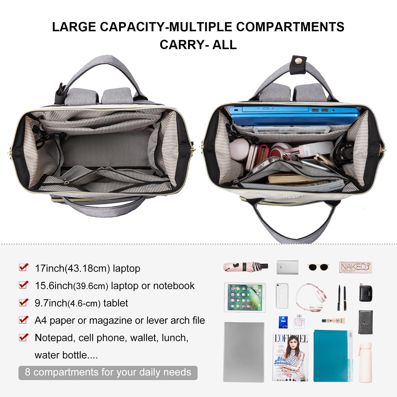 LOVEVOOK Laptop Backpack Women 15.6 inch, Work Bags for Womens, School Computer Bag with USB Port for Business College Travel, Rucksack for Teacher Nurse,BeigeGrey