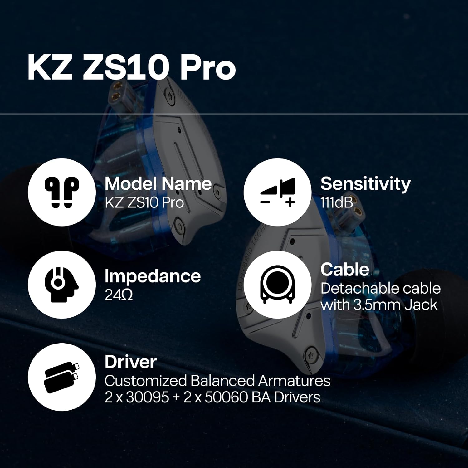 Linsoul KZ ZS10 Pro, 4BA+1DD 5 Driver in Ear Monitor, HiFi Wired Earbuds, Gaming Earbuds, Hybrid IEM Earphones with Stainless Steel Faceplate, Recessed 2 Pin Detachable Cable(With Mic, Glare Blue)