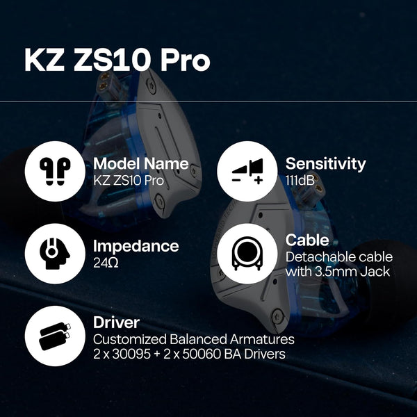 Linsoul KZ ZS10 Pro, 4BA+1DD 5 Driver in Ear Monitor, HiFi Wired Earbuds, Gaming Earbuds, Hybrid IEM Earphones with Stainless Steel Faceplate, Recessed 2 Pin Detachable Cable(With Mic, Glare Blue)