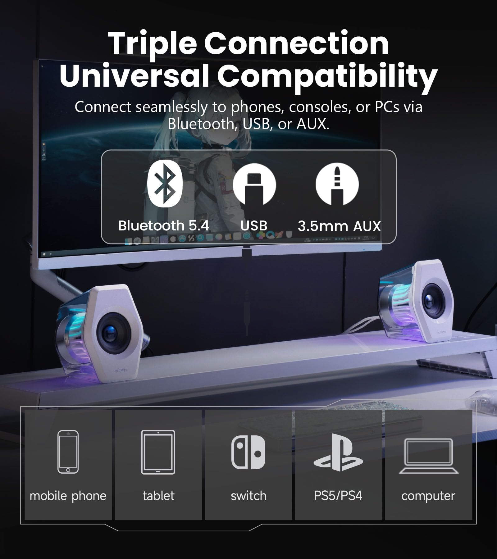 Edifier G2000 Pro 2.0 RGB Gaming Speakers with 64W Peak Power, Virtual 7.1 Surround Sound, 270° TempoFlow Light Sync, Transparent PC Speakers, BT5.4/USB-C/AUX for PC, PS5, Switch, Game Console (Black)