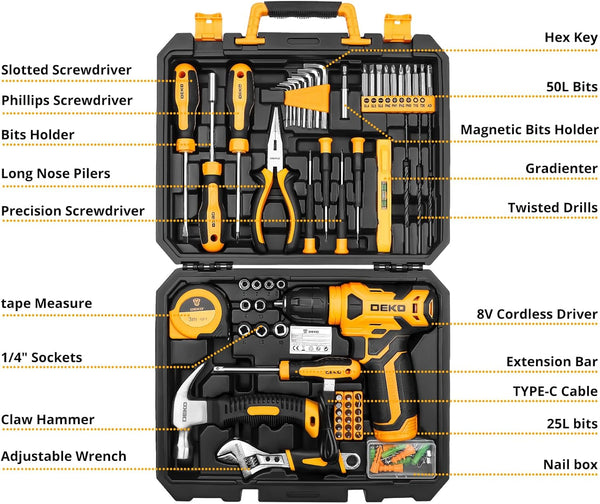 Tool Kit: DEKO Drill Set with Cordless Drill, Tool Kit Set Box, DIY Hand Tools for Men and Home, with 8V Electric Drills Blue,126 Pieces