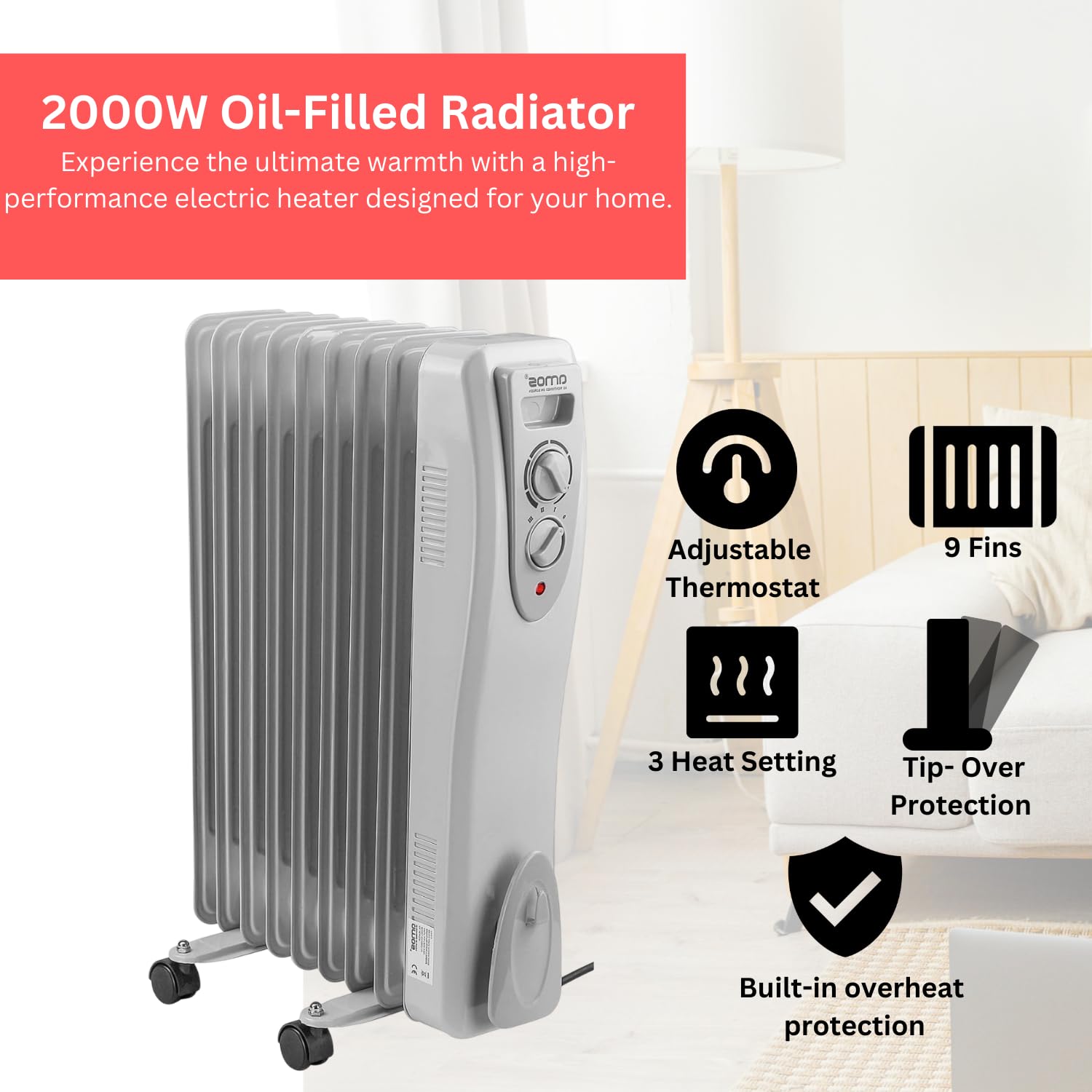 AMOS 1500W Electric Oil Filled Radiator Heater 7-Fin Portable Thermostat Heating Appliance with 3 Heat Settings, Safety Shut Off, and Power Indicator Light