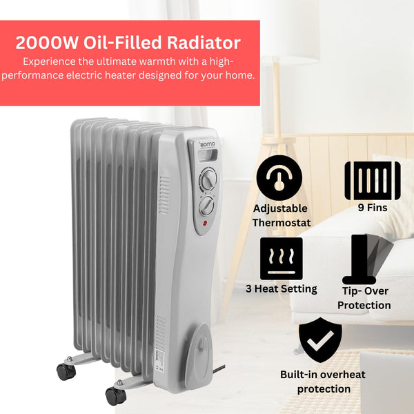 AMOS 1500W Electric Oil Filled Radiator Heater 7-Fin Portable Thermostat Heating Appliance with 3 Heat Settings, Safety Shut Off, and Power Indicator Light