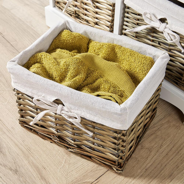 Home Source Bedroom Wooden Storage Unit, Woven Willow Wicker Baskets, 6 Drawer Wide Cabinet Chest, White