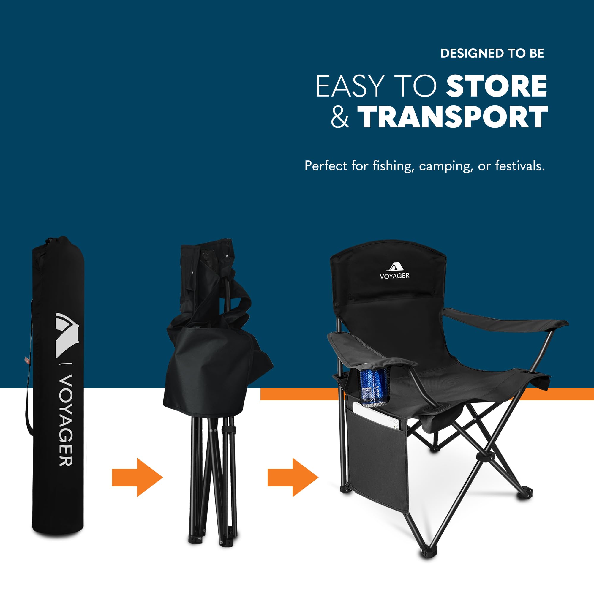 Voyager Folding Camping Chairs 2 Pack with Cooler Bag, Lightweight Q195 Steel Frame, 600D Oxford Fabric, Portable & Comfortable - Black (Black, Padded)