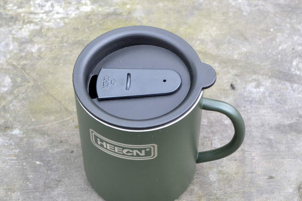 HEECN Camping Mugs - Double Walled Stainless Steel Mug for Hot Drinks with Lid - Army Green - Backpacking – Trekking – Hiking - HESS-038BG (10oz with Rotating lid)