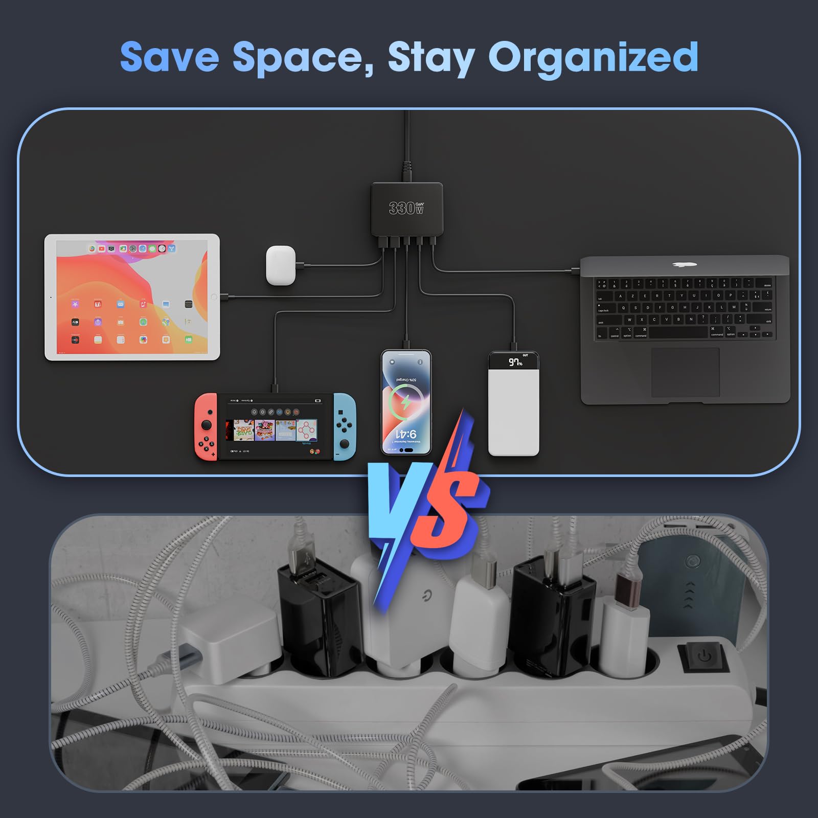 330W 10-Port USB Charging Station, GaN III USB Charging Hub, PD 100W 65W 45W 30W 20W Laptop & Phone Fast Charger Plug, Compatible with MacBook Pro/Air, Dell XPS, iPhone 17/16/15/Pro, iPads, Steam Deck