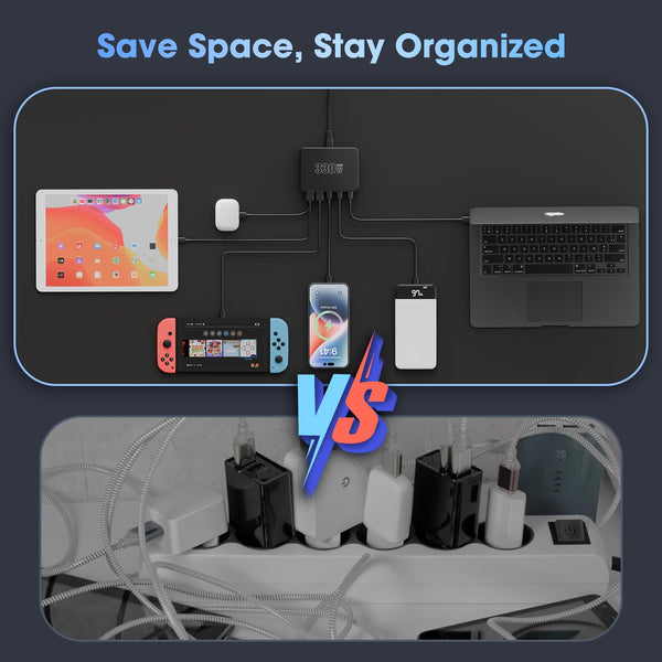 330W 10-Port USB Charging Station, GaN III USB Charging Hub, PD 100W 65W 45W 30W 20W Laptop & Phone Fast Charger Plug, Compatible with MacBook Pro/Air, Dell XPS, iPhone 17/16/15/Pro, iPads, Steam Deck