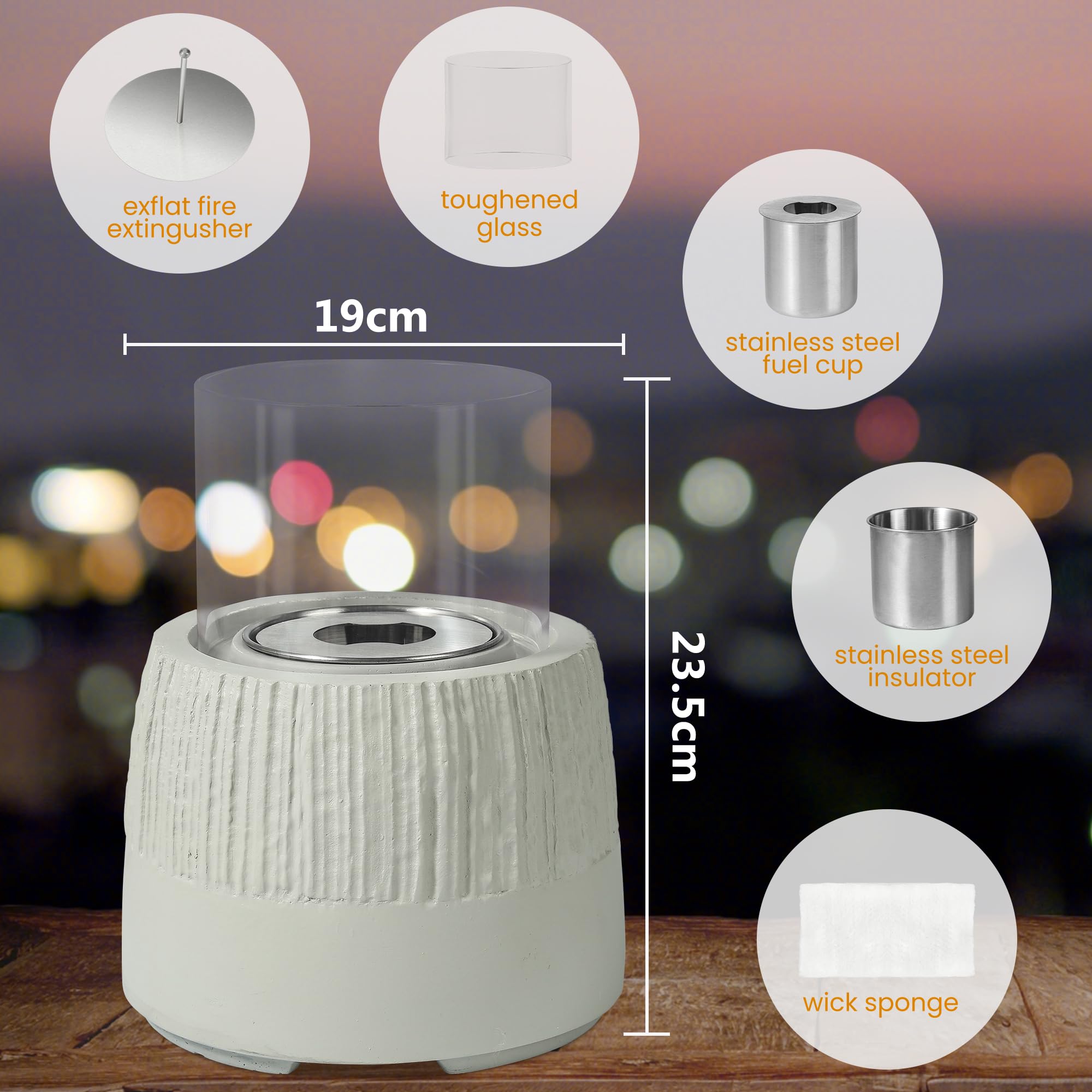 VOSSMOON Tabletop Fire Pit, Bioethanol Table Top Fire Bowl, Portable Round Fireplace indoor or Outdoor, Concrete Table Top Patio Heater Ethanol Burner with Tempered Glass for Potluck or Camping, Black